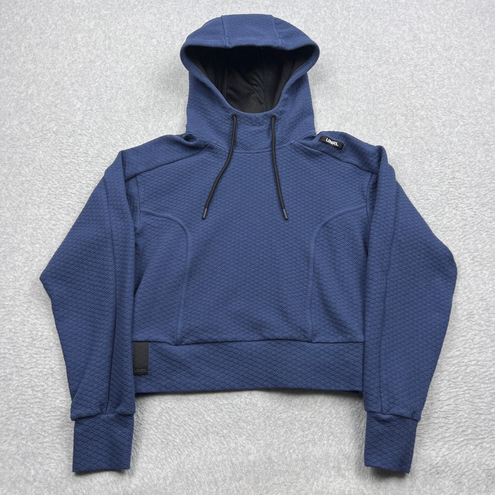 UNRL Elevation Hoodie Womens Small Harbor Blue Textured Knit Cropped Pullover
